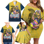 Personalized Gold Coast Titans Family Matching Off Shoulder Short Dress and Hawaiian Shirt Easter Mascot - Colorful Eggs Cartoon Style
