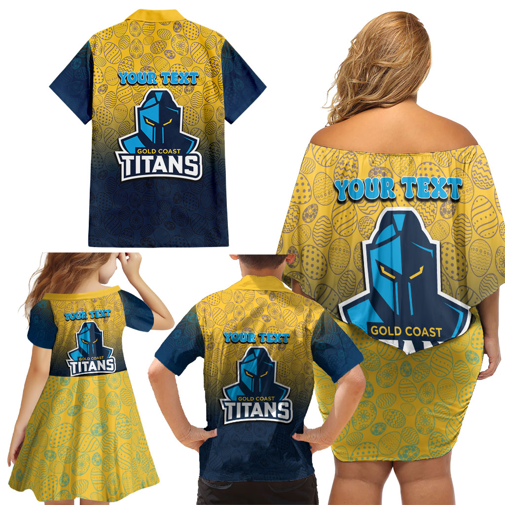 Personalized Gold Coast Titans Family Matching Off Shoulder Short Dress and Hawaiian Shirt Easter Mascot - Colorful Eggs Cartoon Style