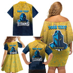 Personalized Gold Coast Titans Family Matching Off Shoulder Short Dress and Hawaiian Shirt Easter Mascot - Colorful Eggs Cartoon Style