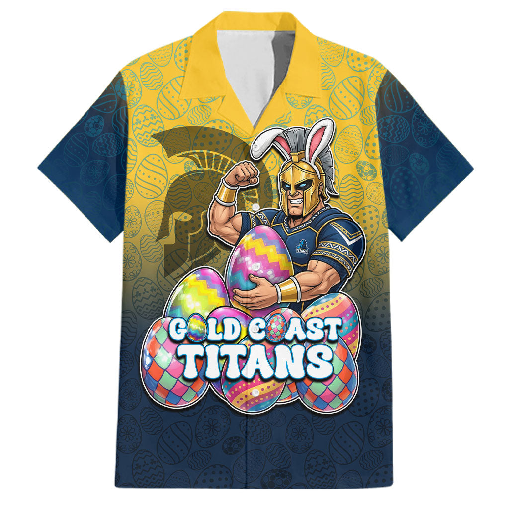 Personalized Gold Coast Titans Family Matching Off Shoulder Short Dress and Hawaiian Shirt Easter Mascot - Colorful Eggs Cartoon Style