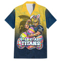 Personalized Gold Coast Titans Family Matching Off Shoulder Short Dress and Hawaiian Shirt Easter Mascot - Colorful Eggs Cartoon Style