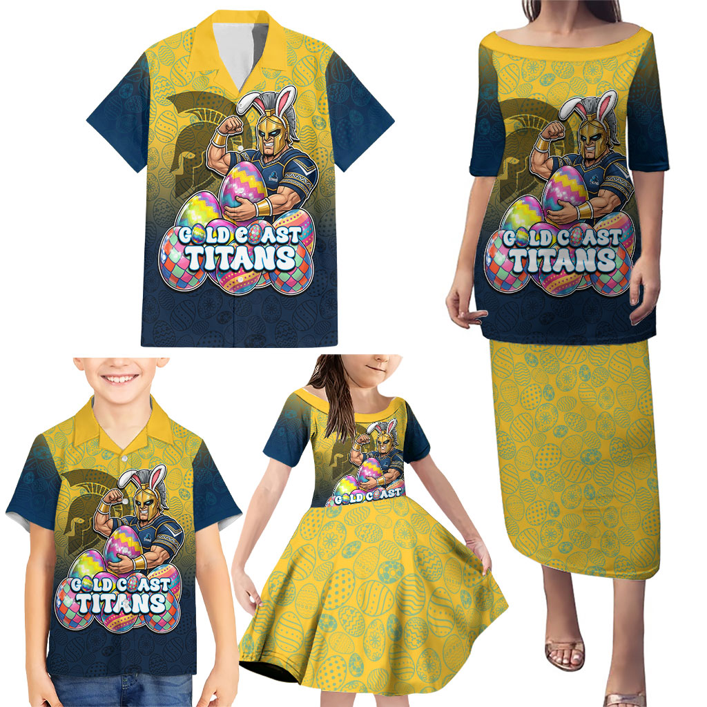 Personalized Gold Coast Titans Family Matching Puletasi and Hawaiian Shirt Easter Mascot - Colorful Eggs Cartoon Style