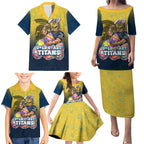 Personalized Gold Coast Titans Family Matching Puletasi and Hawaiian Shirt Easter Mascot - Colorful Eggs Cartoon Style