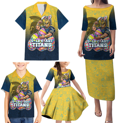Personalized Gold Coast Titans Family Matching Puletasi and Hawaiian Shirt Easter Mascot - Colorful Eggs Cartoon Style