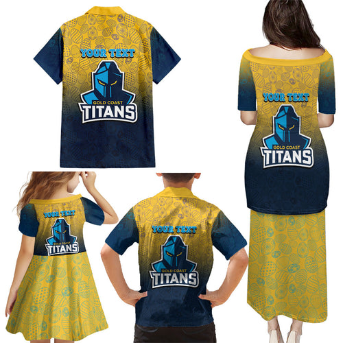 Personalized Gold Coast Titans Family Matching Puletasi and Hawaiian Shirt Easter Mascot - Colorful Eggs Cartoon Style
