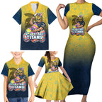 Personalized Gold Coast Titans Family Matching Short Sleeve Bodycon Dress and Hawaiian Shirt Easter Mascot - Colorful Eggs Cartoon Style