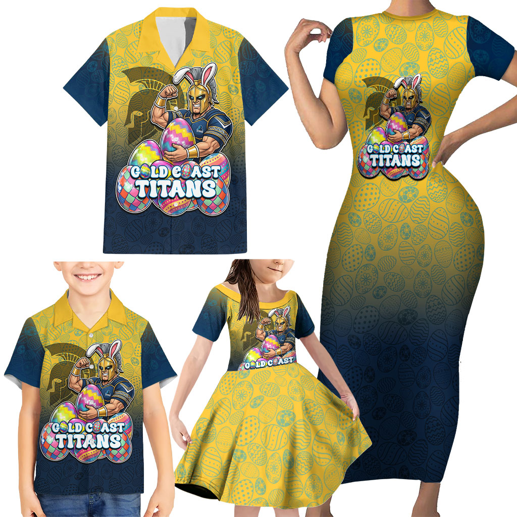 Personalized Gold Coast Titans Family Matching Short Sleeve Bodycon Dress and Hawaiian Shirt Easter Mascot - Colorful Eggs Cartoon Style