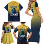 Personalized Gold Coast Titans Family Matching Short Sleeve Bodycon Dress and Hawaiian Shirt Easter Mascot - Colorful Eggs Cartoon Style