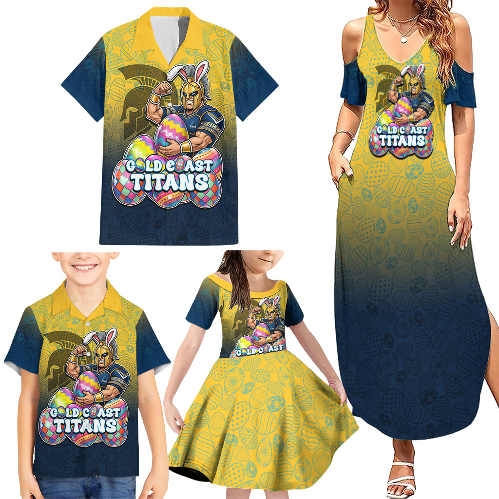 Personalized Gold Coast Titans Family Matching Summer Maxi Dress and Hawaiian Shirt Easter Mascot - Colorful Eggs Cartoon Style