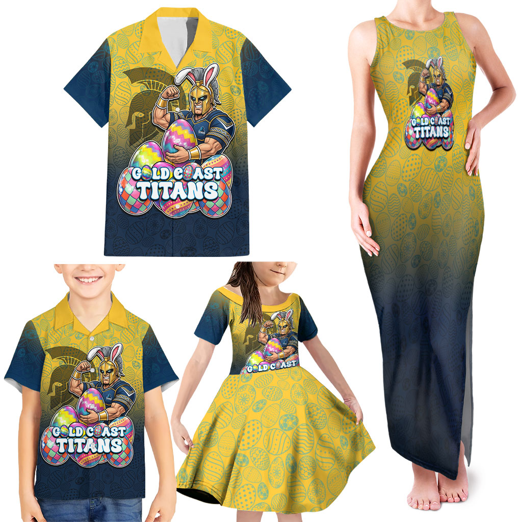 Personalized Gold Coast Titans Family Matching Tank Maxi Dress and Hawaiian Shirt Easter Mascot - Colorful Eggs Cartoon Style