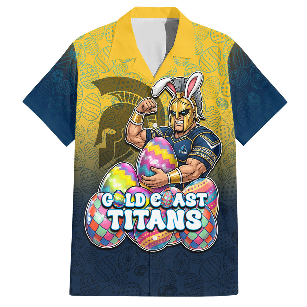 Personalized Gold Coast Titans Hawaiian Shirt Easter Mascot - Colorful Eggs Cartoon Style