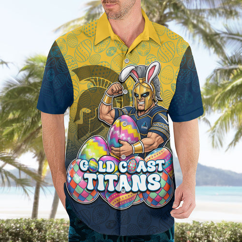 Personalized Gold Coast Titans Hawaiian Shirt Easter Mascot - Colorful Eggs Cartoon Style
