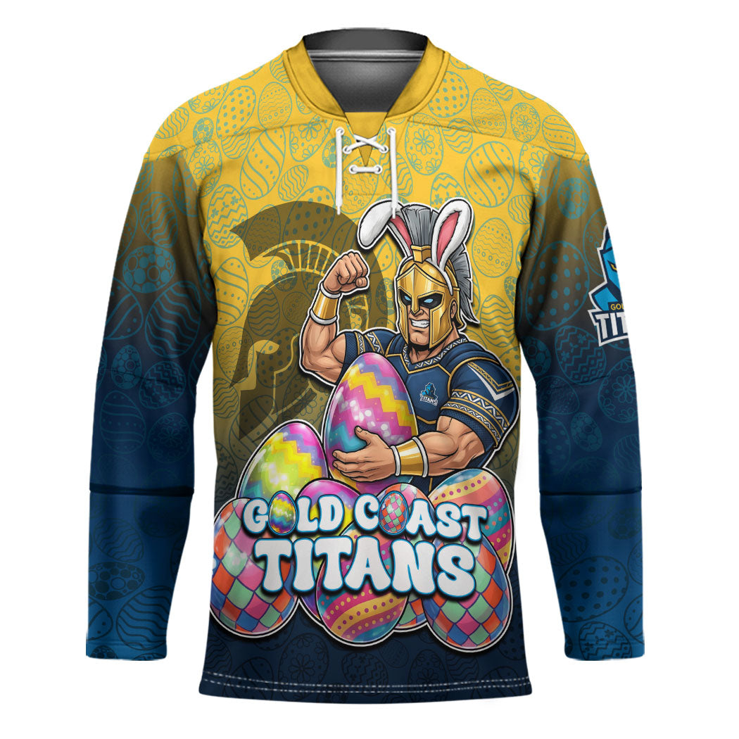Personalized Gold Coast Titans Hockey Jersey Easter Mascot - Colorful Eggs Cartoon Style