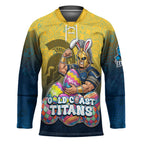 Personalized Gold Coast Titans Hockey Jersey Easter Mascot - Colorful Eggs Cartoon Style