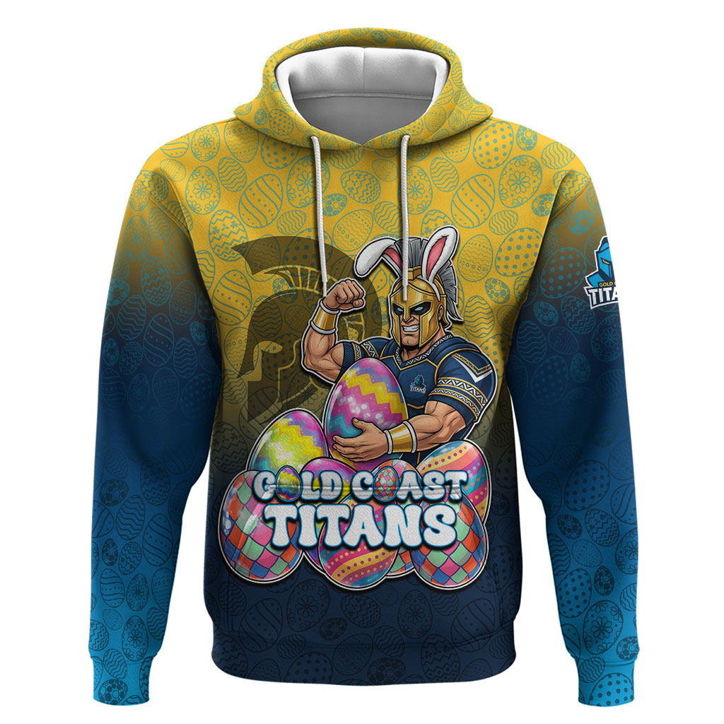 Personalized Gold Coast Titans Hoodie Easter Mascot - Colorful Eggs Cartoon Style