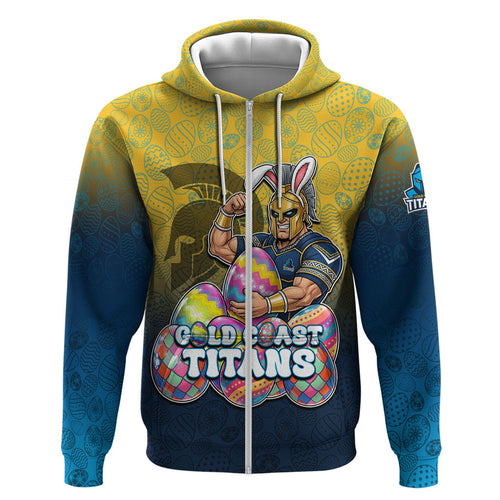 Personalized Gold Coast Titans Hoodie Easter Mascot - Colorful Eggs Cartoon Style