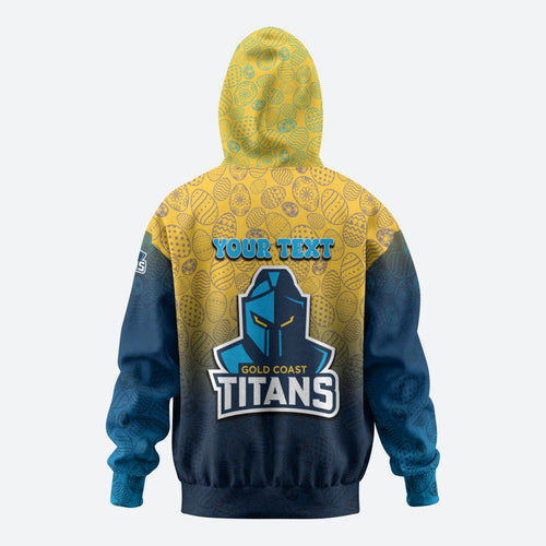 Personalized Gold Coast Titans Hoodie Easter Mascot - Colorful Eggs Cartoon Style