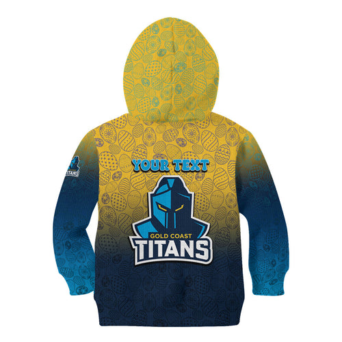 Personalized Gold Coast Titans Kid Hoodie Easter Mascot - Colorful Eggs Cartoon Style