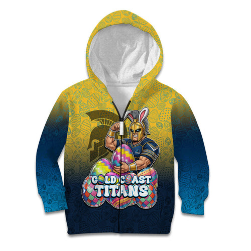 Personalized Gold Coast Titans Kid Hoodie Easter Mascot - Colorful Eggs Cartoon Style