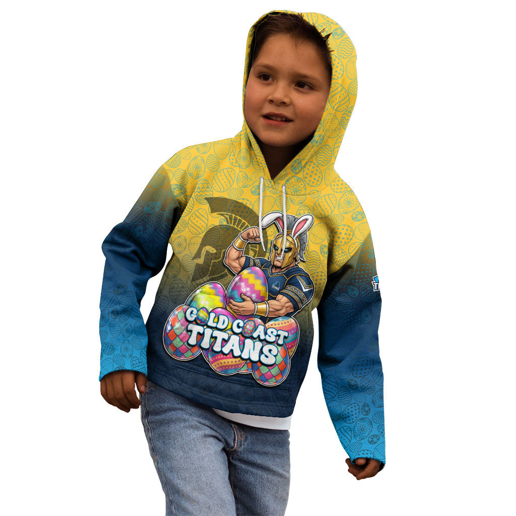 Personalized Gold Coast Titans Kid Hoodie Easter Mascot - Colorful Eggs Cartoon Style
