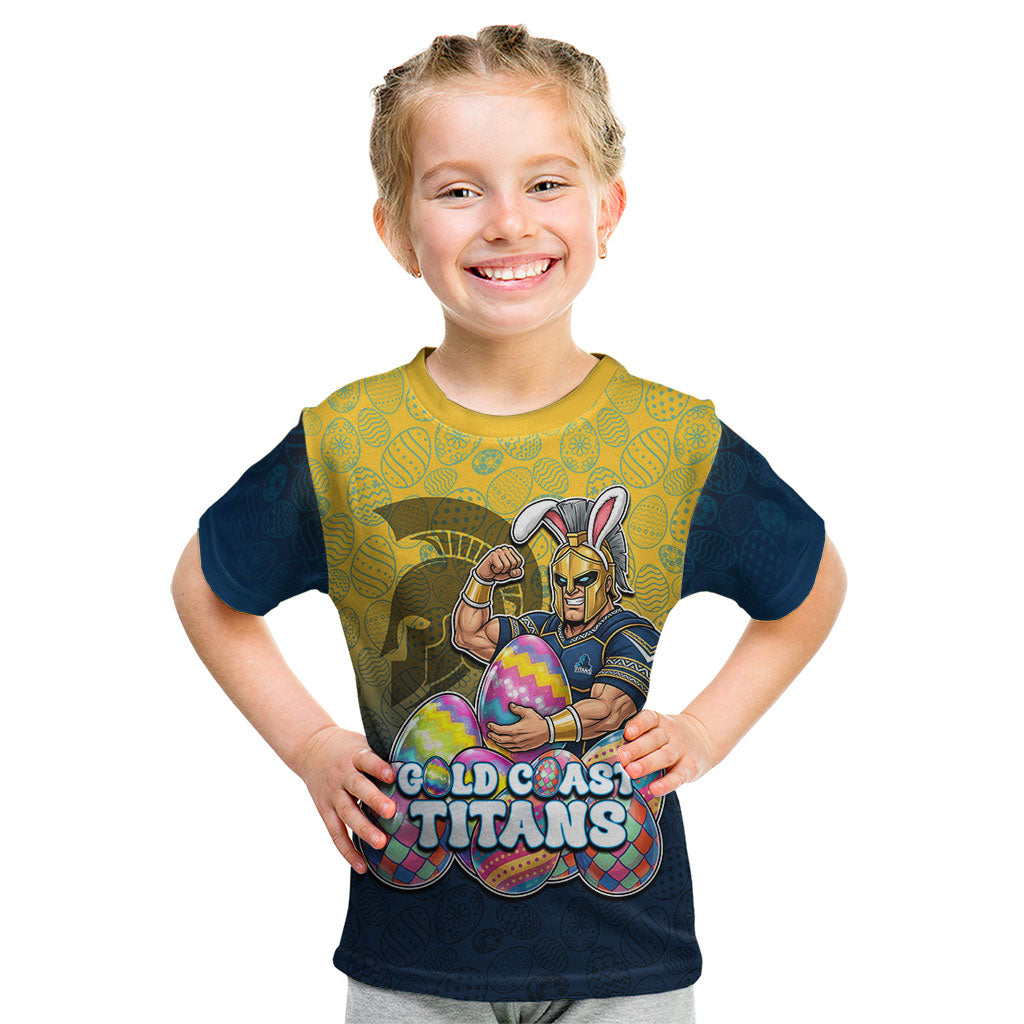 Personalized Gold Coast Titans Kid T Shirt Easter Mascot - Colorful Eggs Cartoon Style