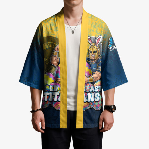 Personalized Gold Coast Titans Kimono Easter Mascot - Colorful Eggs Cartoon Style