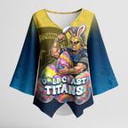 Personalized Gold Coast Titans Kimono Sleeve Blouse Easter Mascot - Colorful Eggs Cartoon Style