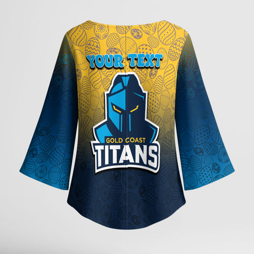 Personalized Gold Coast Titans Kimono Sleeve Blouse Easter Mascot - Colorful Eggs Cartoon Style