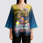 Personalized Gold Coast Titans Kimono Sleeve Blouse Easter Mascot - Colorful Eggs Cartoon Style
