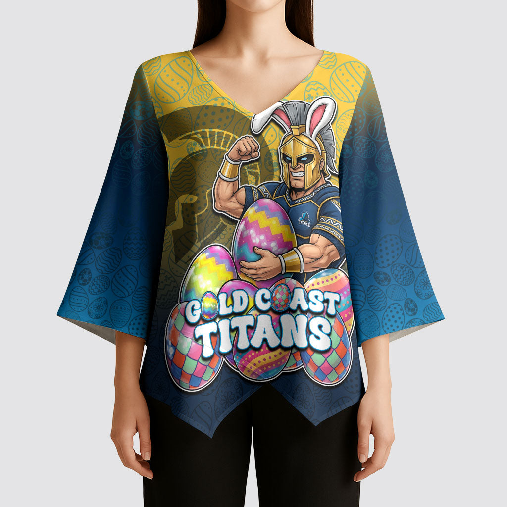 Personalized Gold Coast Titans Kimono Sleeve Blouse Easter Mascot - Colorful Eggs Cartoon Style