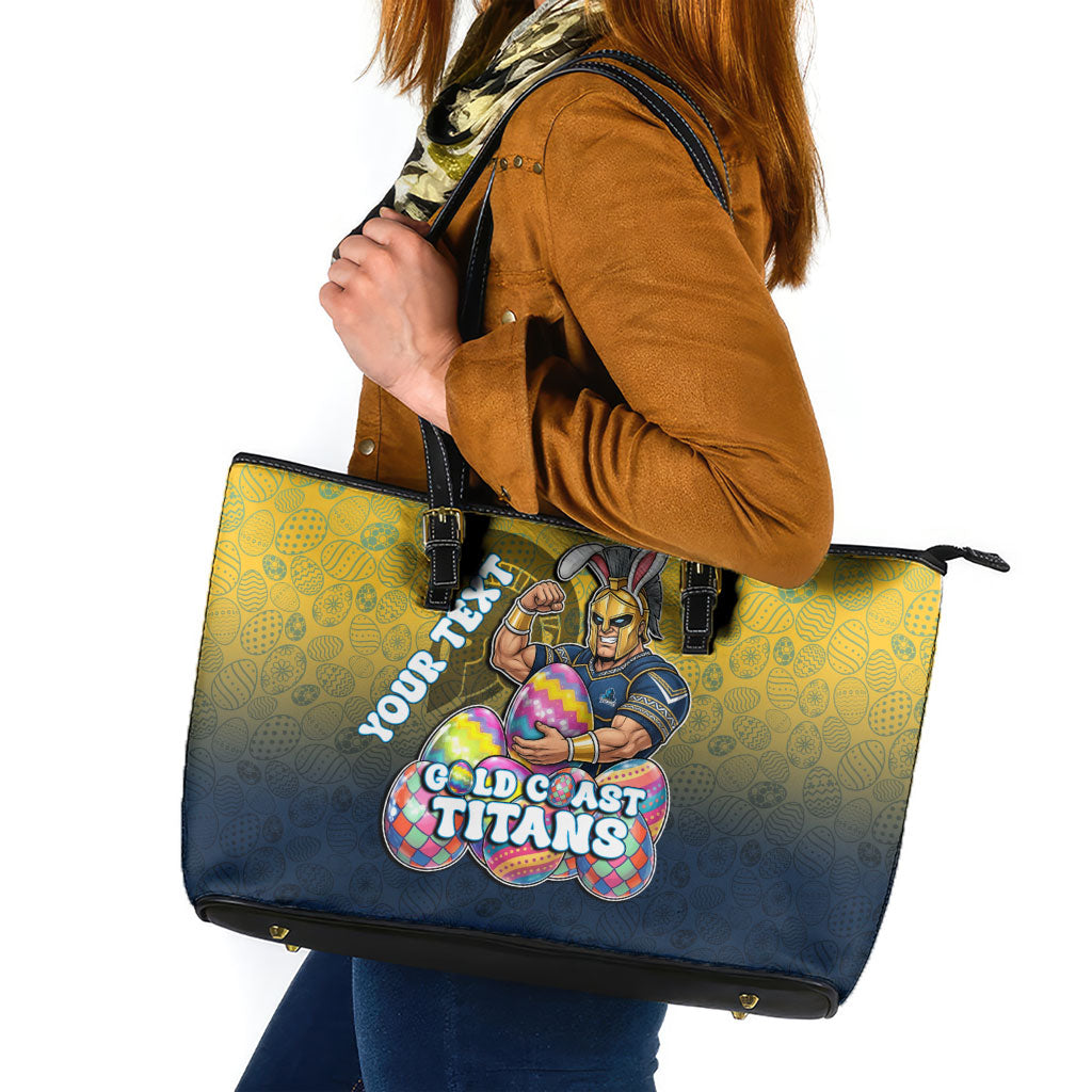 Personalized Gold Coast Titans Leather Tote Bag Easter Mascot - Colorful Eggs Cartoon Style