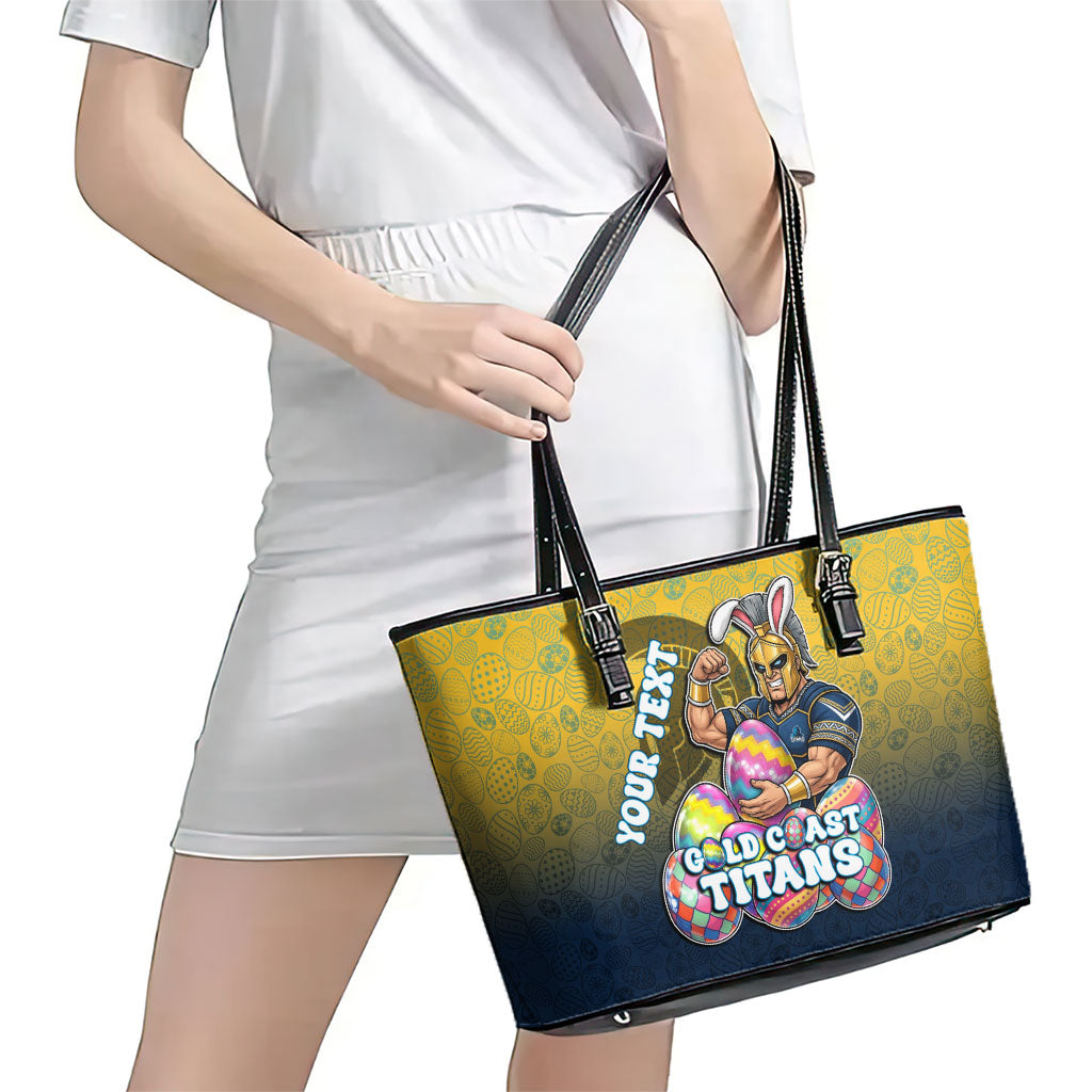 Personalized Gold Coast Titans Leather Tote Bag Easter Mascot - Colorful Eggs Cartoon Style