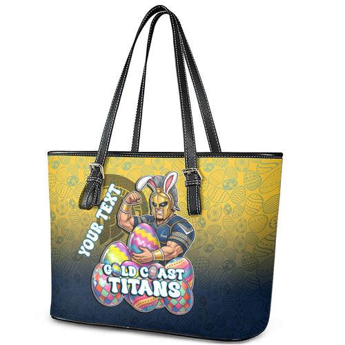 Personalized Gold Coast Titans Leather Tote Bag Easter Mascot - Colorful Eggs Cartoon Style