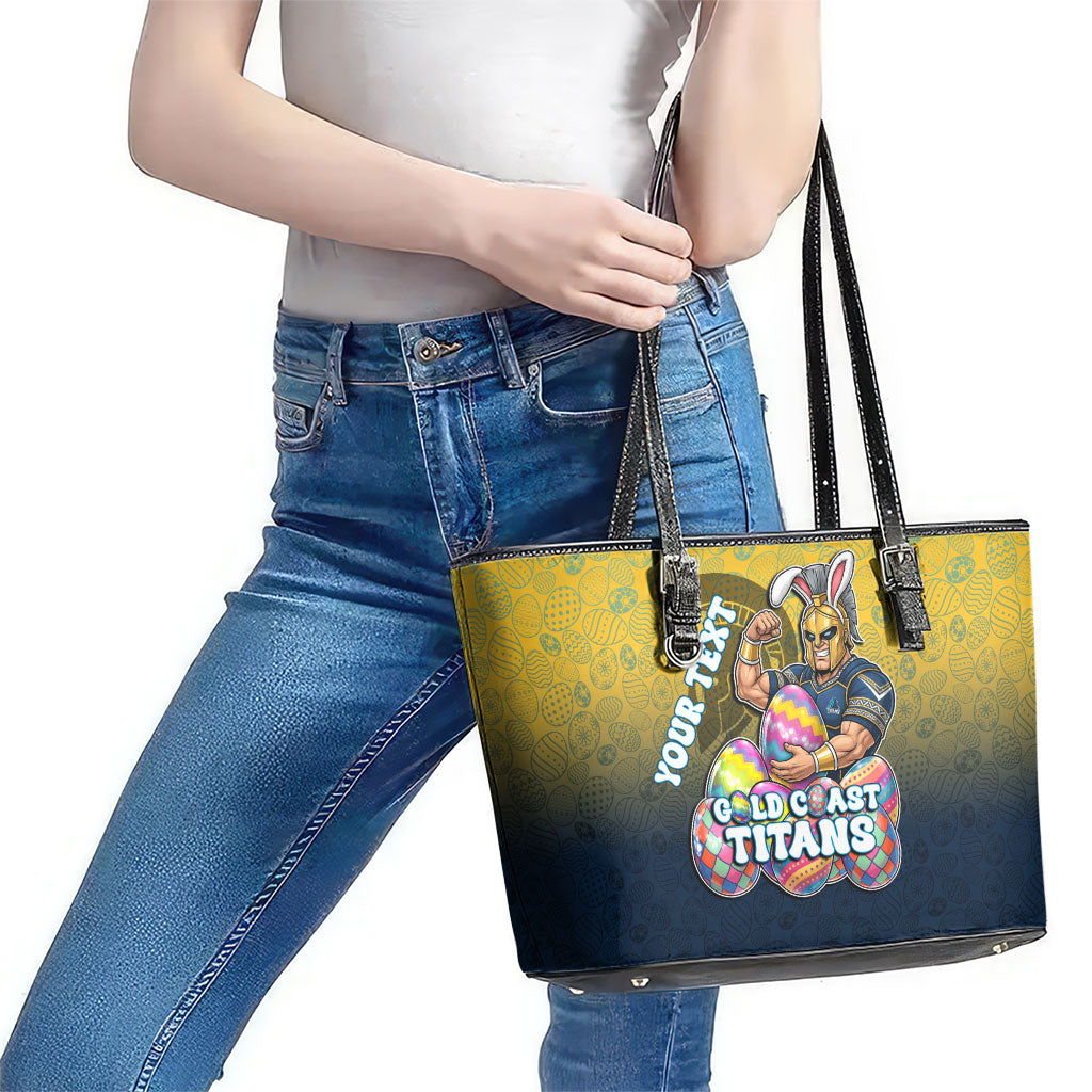 Personalized Gold Coast Titans Leather Tote Bag Easter Mascot - Colorful Eggs Cartoon Style