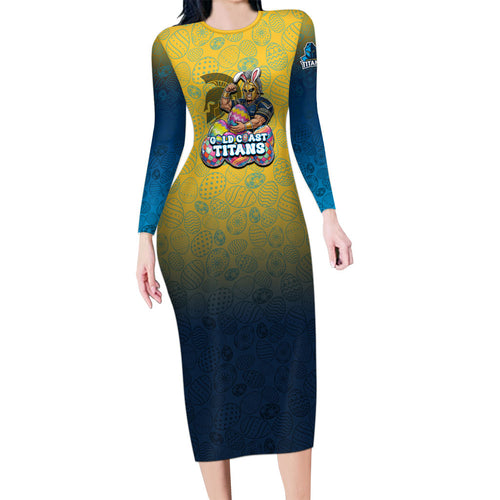 Personalized Gold Coast Titans Long Sleeve Bodycon Dress Easter Mascot - Colorful Eggs Cartoon Style