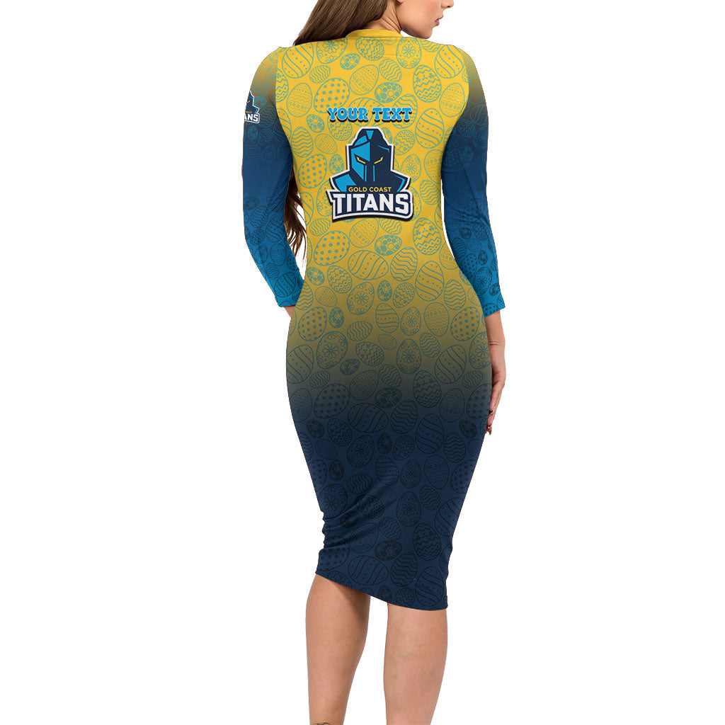 Personalized Gold Coast Titans Long Sleeve Bodycon Dress Easter Mascot - Colorful Eggs Cartoon Style