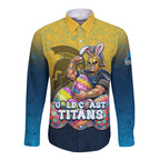 Personalized Gold Coast Titans Long Sleeve Button Shirt Easter Mascot - Colorful Eggs Cartoon Style