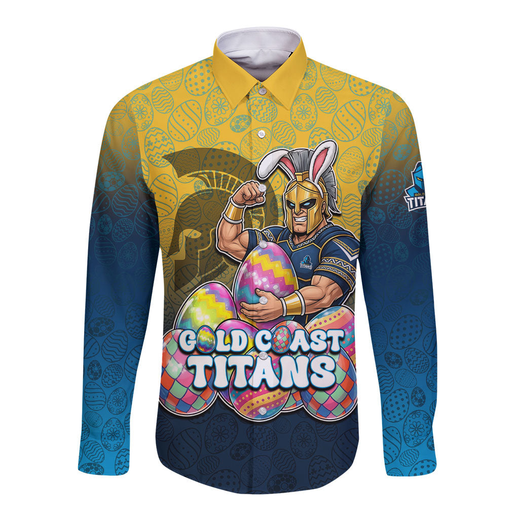 Personalized Gold Coast Titans Long Sleeve Button Shirt Easter Mascot - Colorful Eggs Cartoon Style
