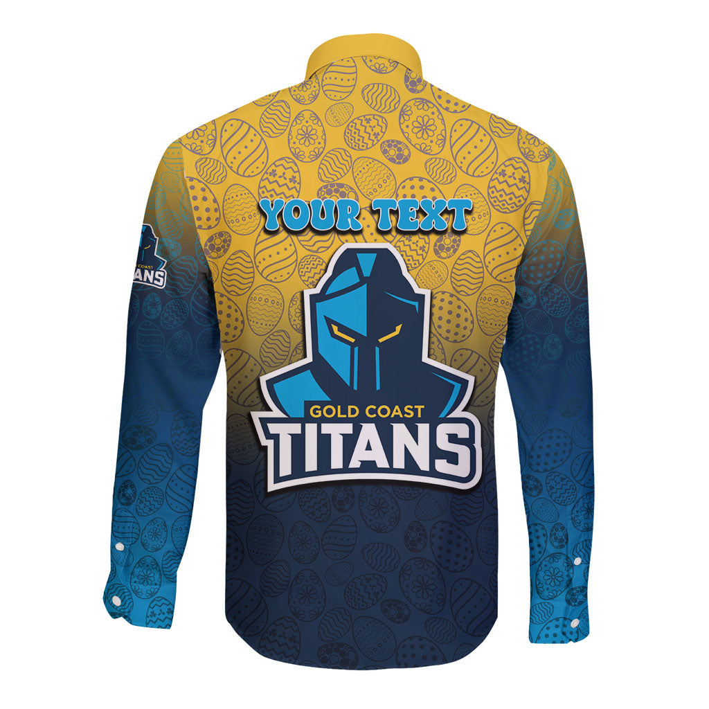 Personalized Gold Coast Titans Long Sleeve Button Shirt Easter Mascot - Colorful Eggs Cartoon Style