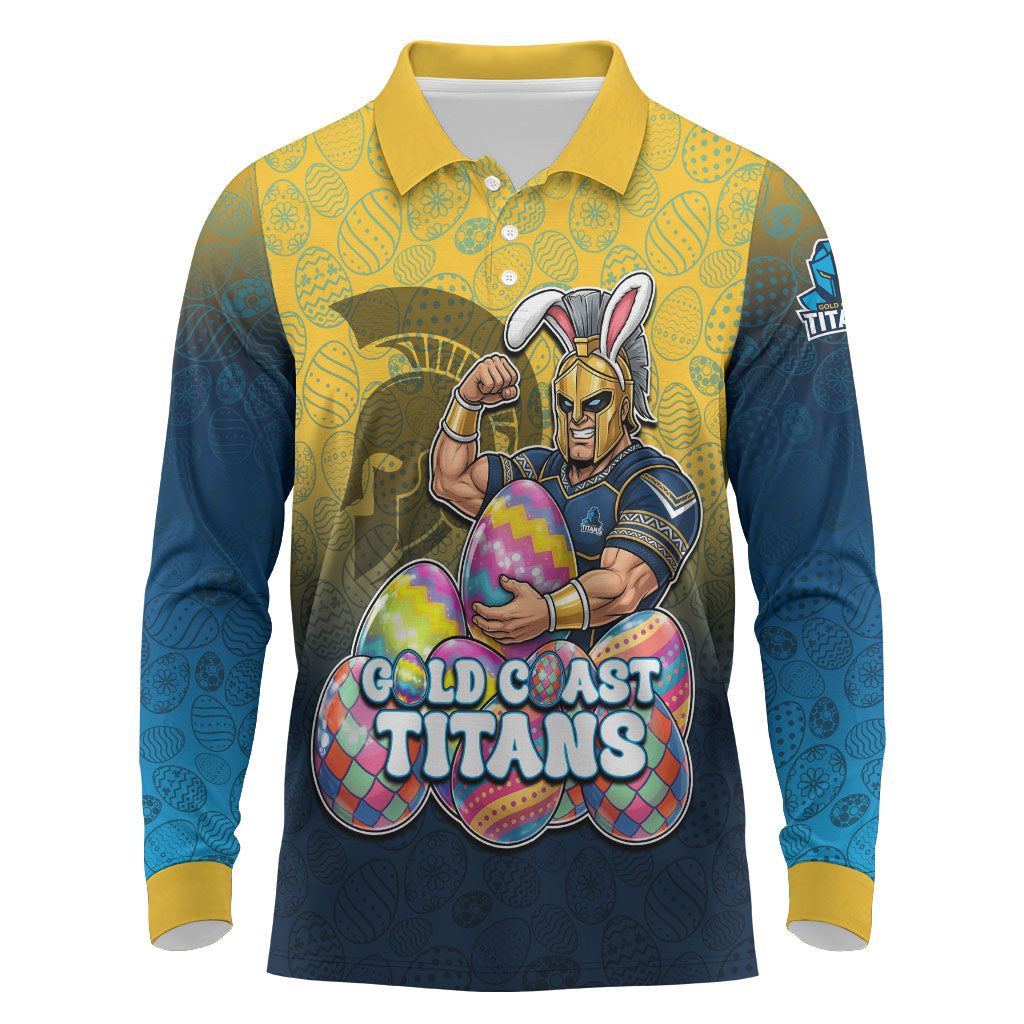Personalized Gold Coast Titans Long Sleeve Polo Shirt Easter Mascot - Colorful Eggs Cartoon Style