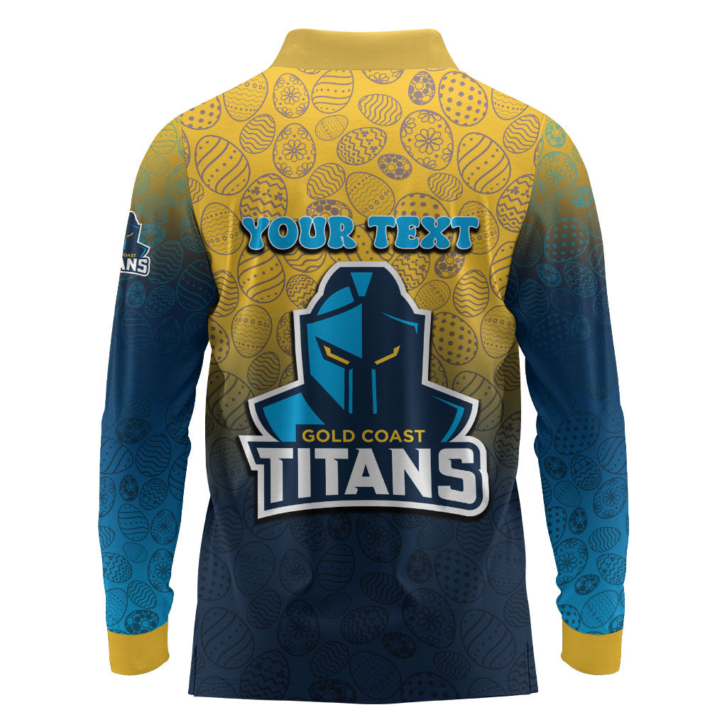 Personalized Gold Coast Titans Long Sleeve Polo Shirt Easter Mascot - Colorful Eggs Cartoon Style