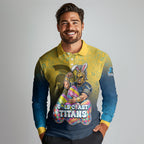 Personalized Gold Coast Titans Long Sleeve Polo Shirt Easter Mascot - Colorful Eggs Cartoon Style