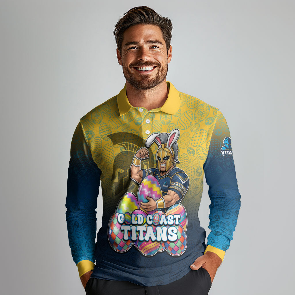 Personalized Gold Coast Titans Long Sleeve Polo Shirt Easter Mascot - Colorful Eggs Cartoon Style
