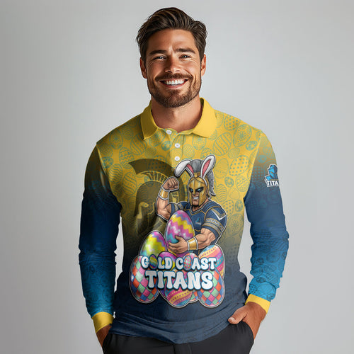 Personalized Gold Coast Titans Long Sleeve Polo Shirt Easter Mascot - Colorful Eggs Cartoon Style