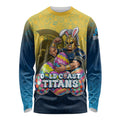 Personalized Gold Coast Titans Long Sleeve Shirt Easter Mascot - Colorful Eggs Cartoon Style
