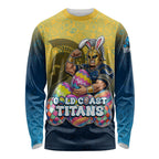 Personalized Gold Coast Titans Long Sleeve Shirt Easter Mascot - Colorful Eggs Cartoon Style