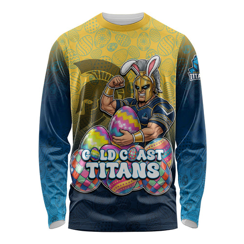 Personalized Gold Coast Titans Long Sleeve Shirt Easter Mascot - Colorful Eggs Cartoon Style