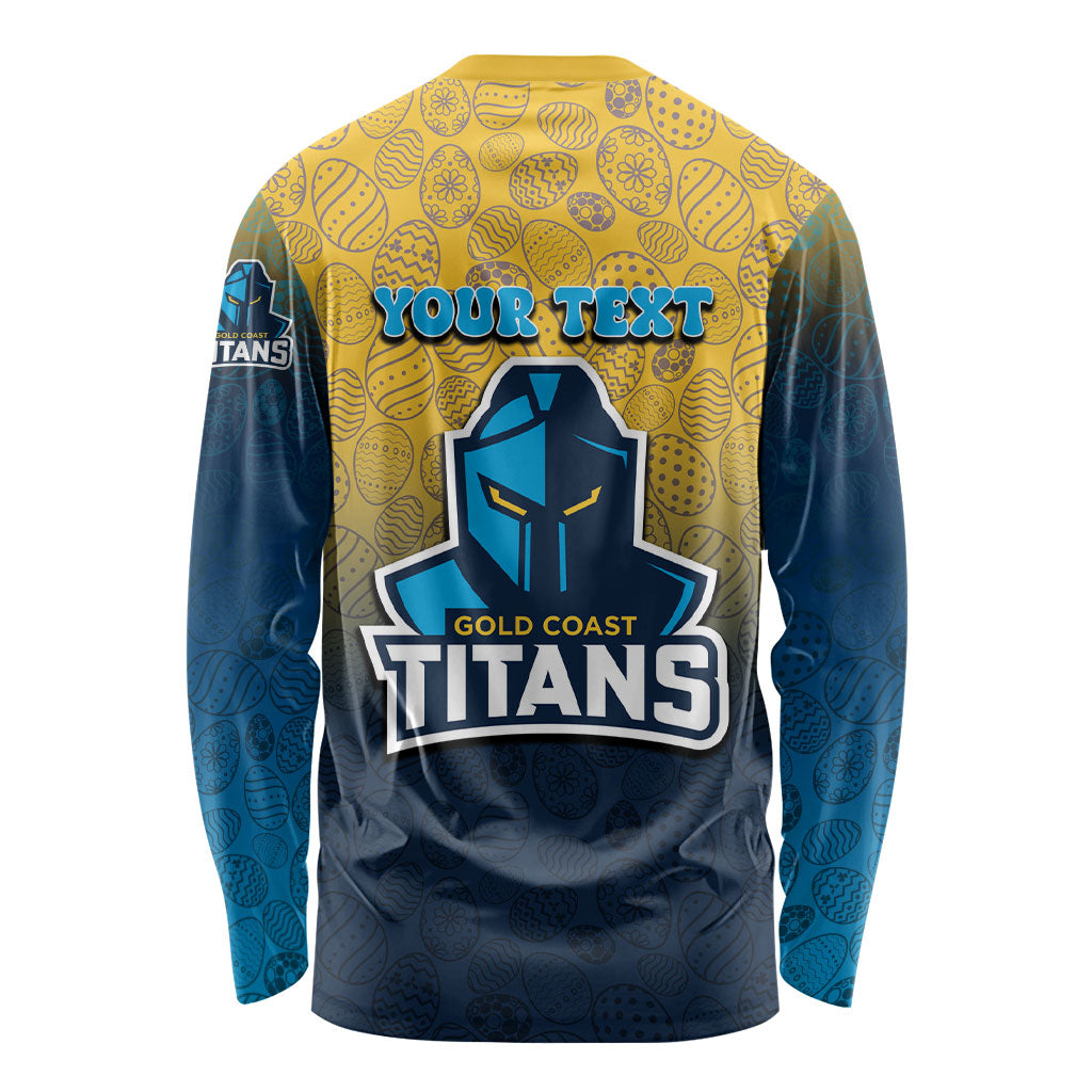 Personalized Gold Coast Titans Long Sleeve Shirt Easter Mascot - Colorful Eggs Cartoon Style