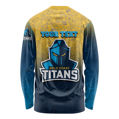Personalized Gold Coast Titans Long Sleeve Shirt Easter Mascot - Colorful Eggs Cartoon Style