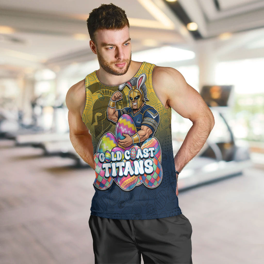 Personalized Gold Coast Titans Men Tank Top Easter Mascot - Colorful Eggs Cartoon Style